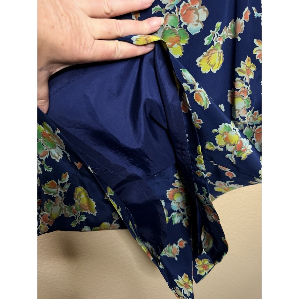 YL Dress Womens Navy Blue Floral 100% Silk Button Front Long Sleeve Mini Dress 4 - Picture 7 of 7